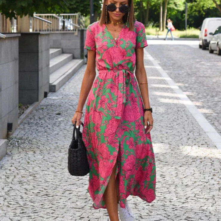 Barbara | Vestido midi cruzado de estilo vibrante